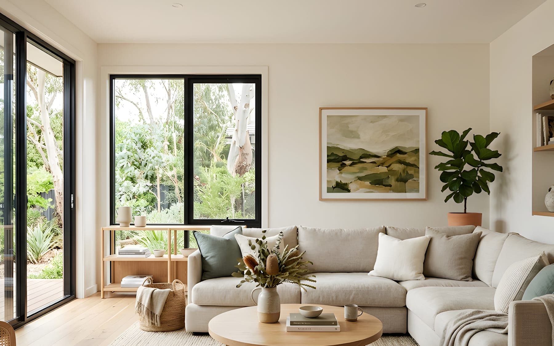 A warm neutral lounge with a fiddle-leaf fig and soft garden light