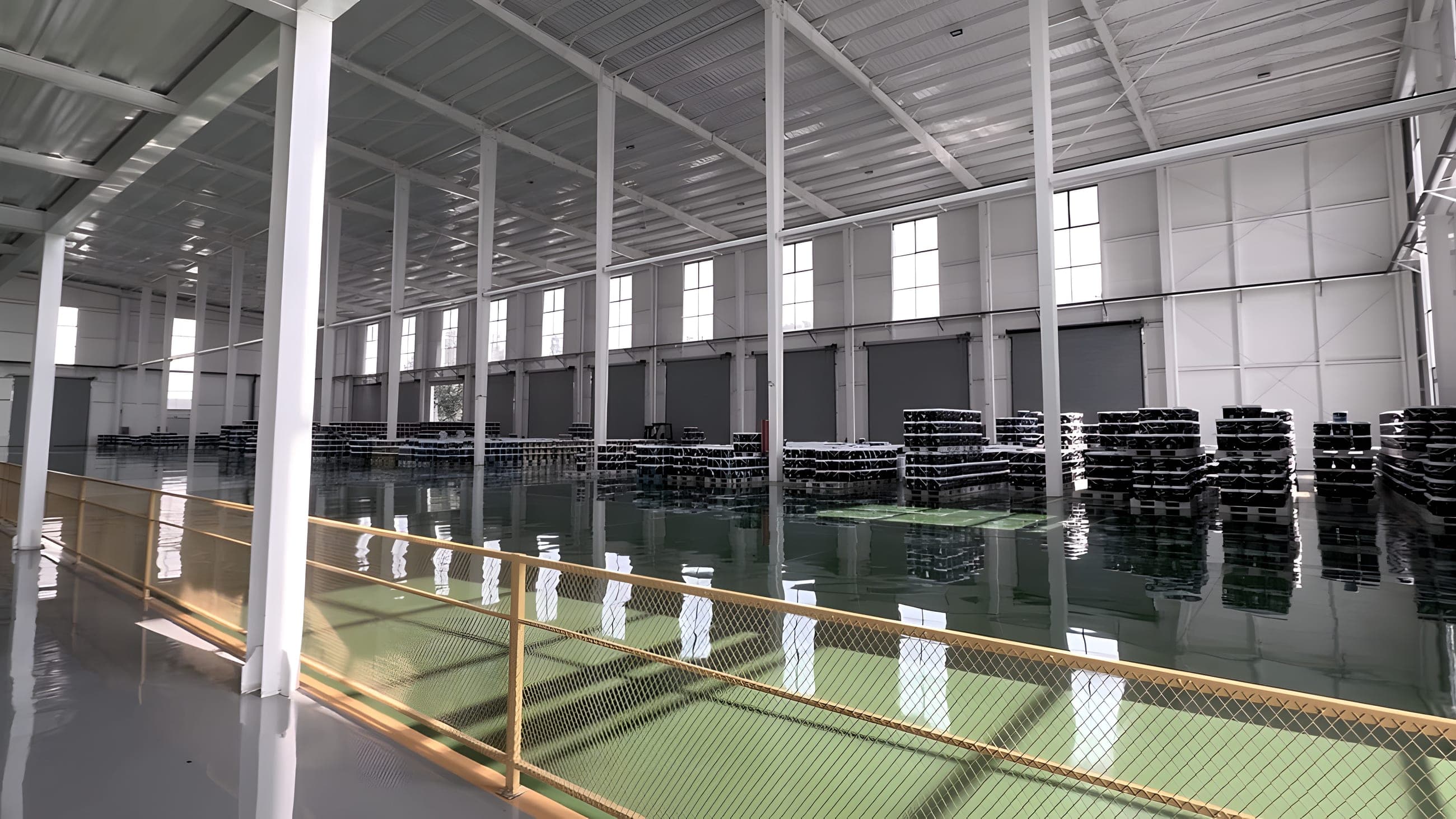 A wide, column-lined warehouse bay at a paint plant, with stacked pallets along the far wall