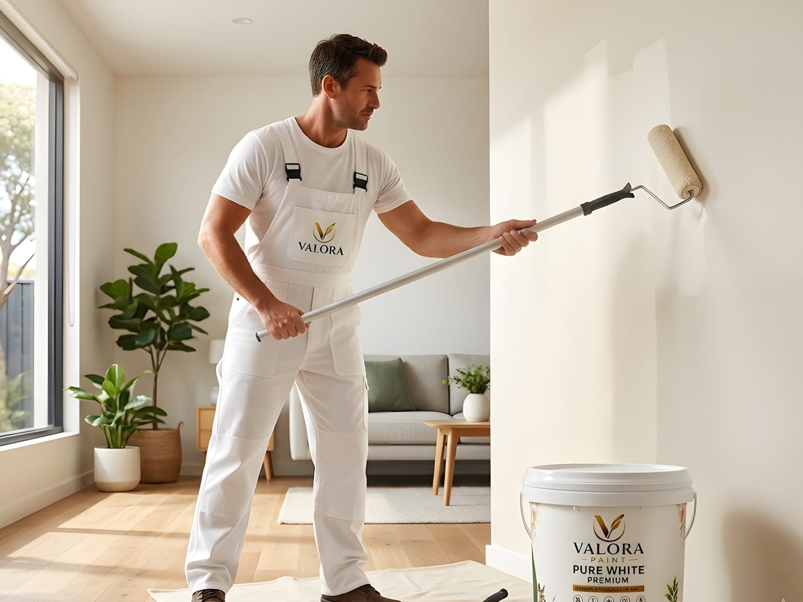 A VALORA painter rolling an even coat beside a pail of PURE WHITE PREMIUM