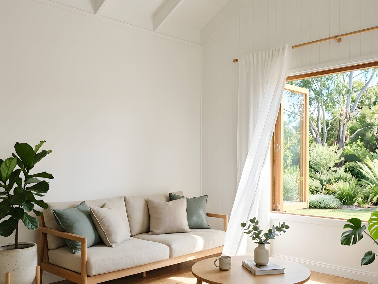 A fresh, plant-filled living space with sheer curtains and natural light