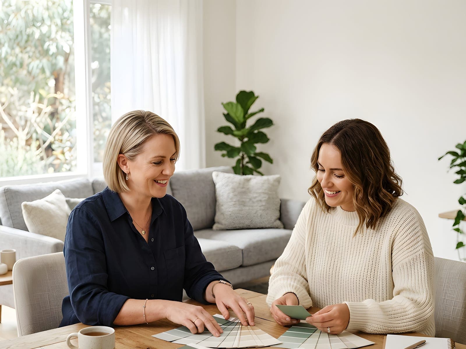 A colour consultant going through swatch cards with a homeowner at home