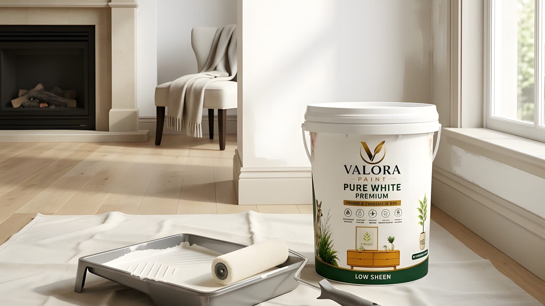 A pail of VALORA PURE WHITE PREMIUM and a roller tray set out in a refined, light-filled room