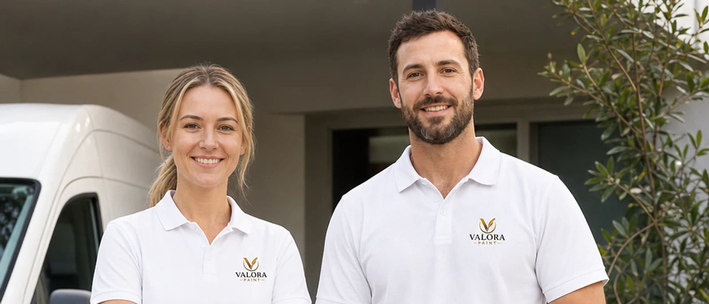 Two VALORA painters in branded polos standing by the work van, one holding a roller