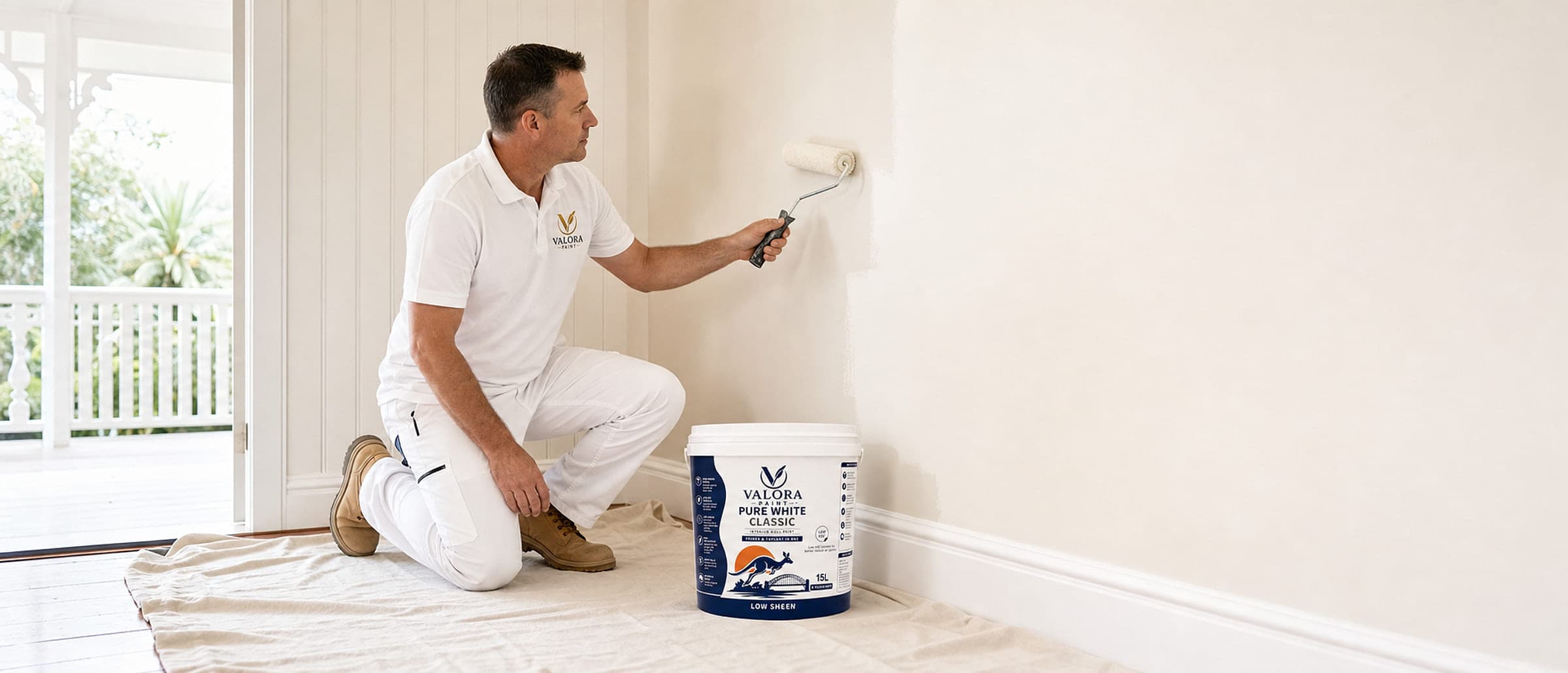 A VALORA painter rolling a wall in a home, pail of PURE WHITE CLASSIC alongside