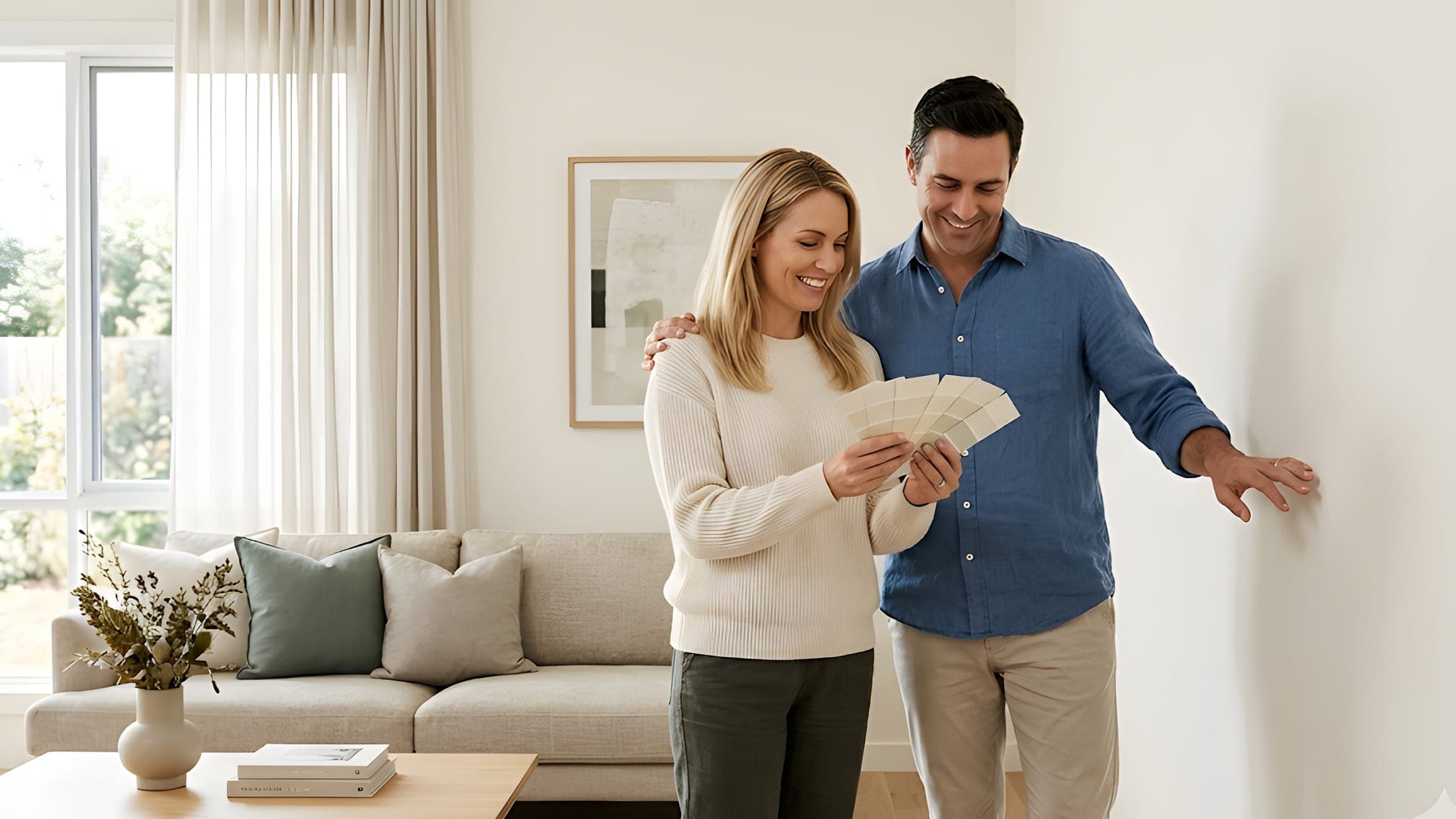 A couple looking over VALORA colour cards in a freshly painted living room