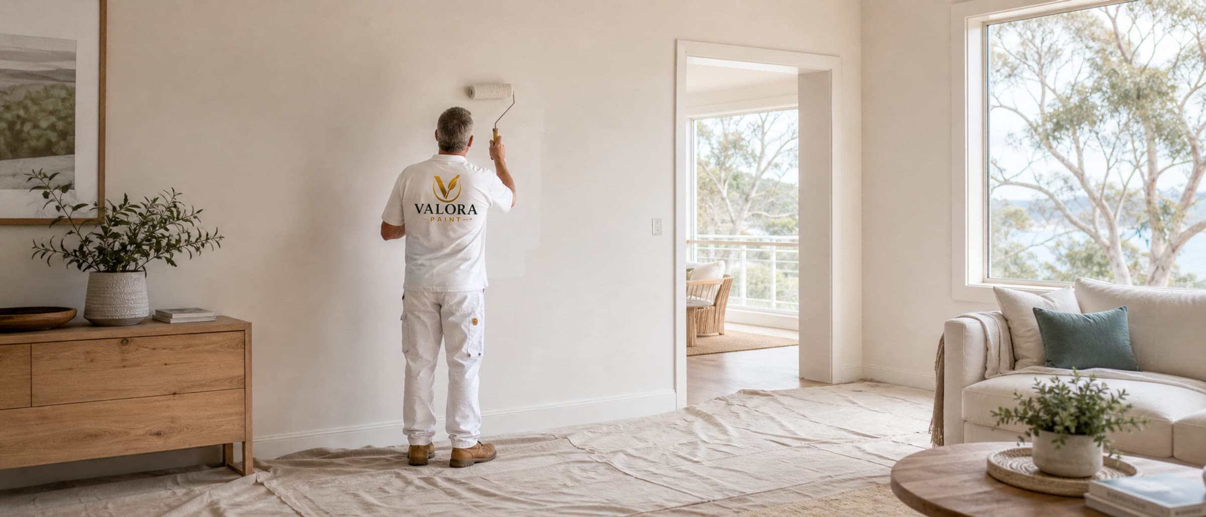 A VALORA painter finishing an even coat across a wide interior wall