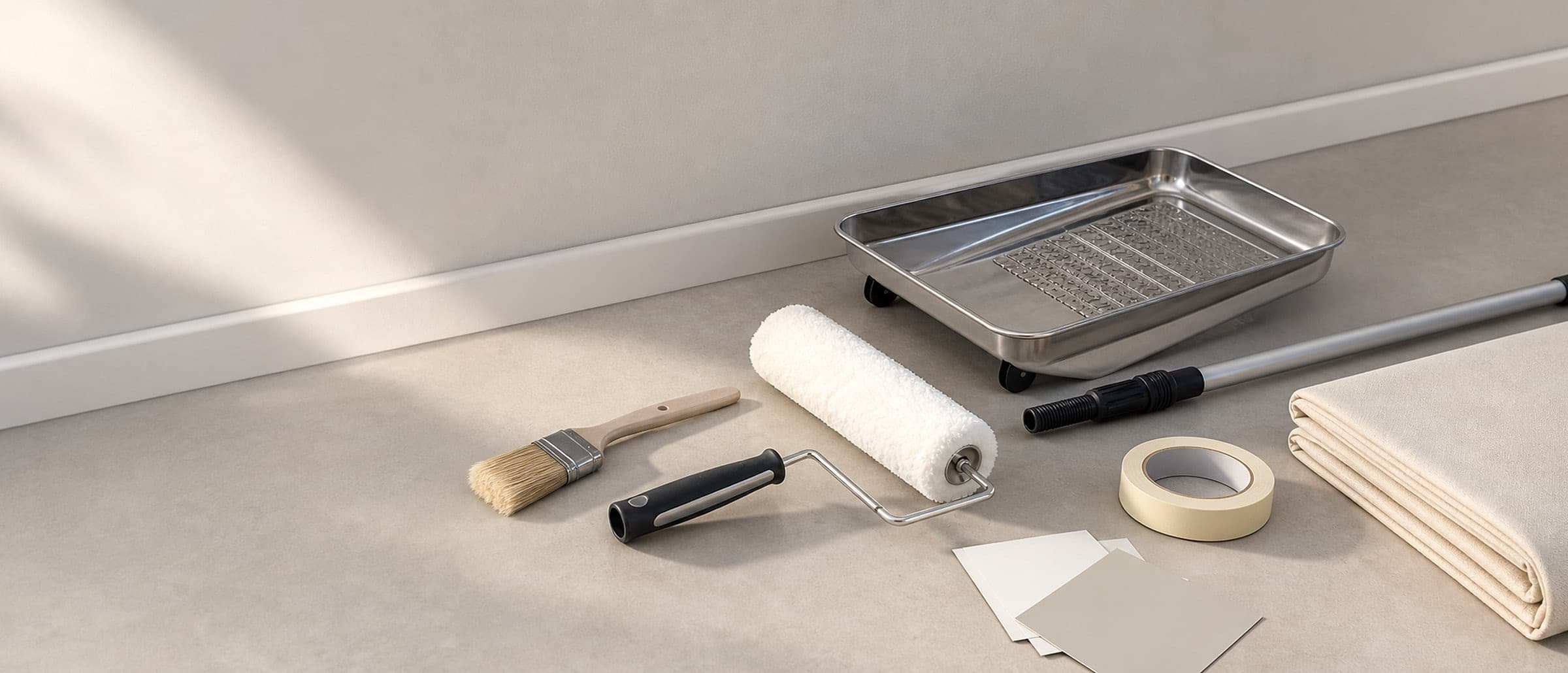 A roller, tray, brush and masking tape laid out ready on a bench