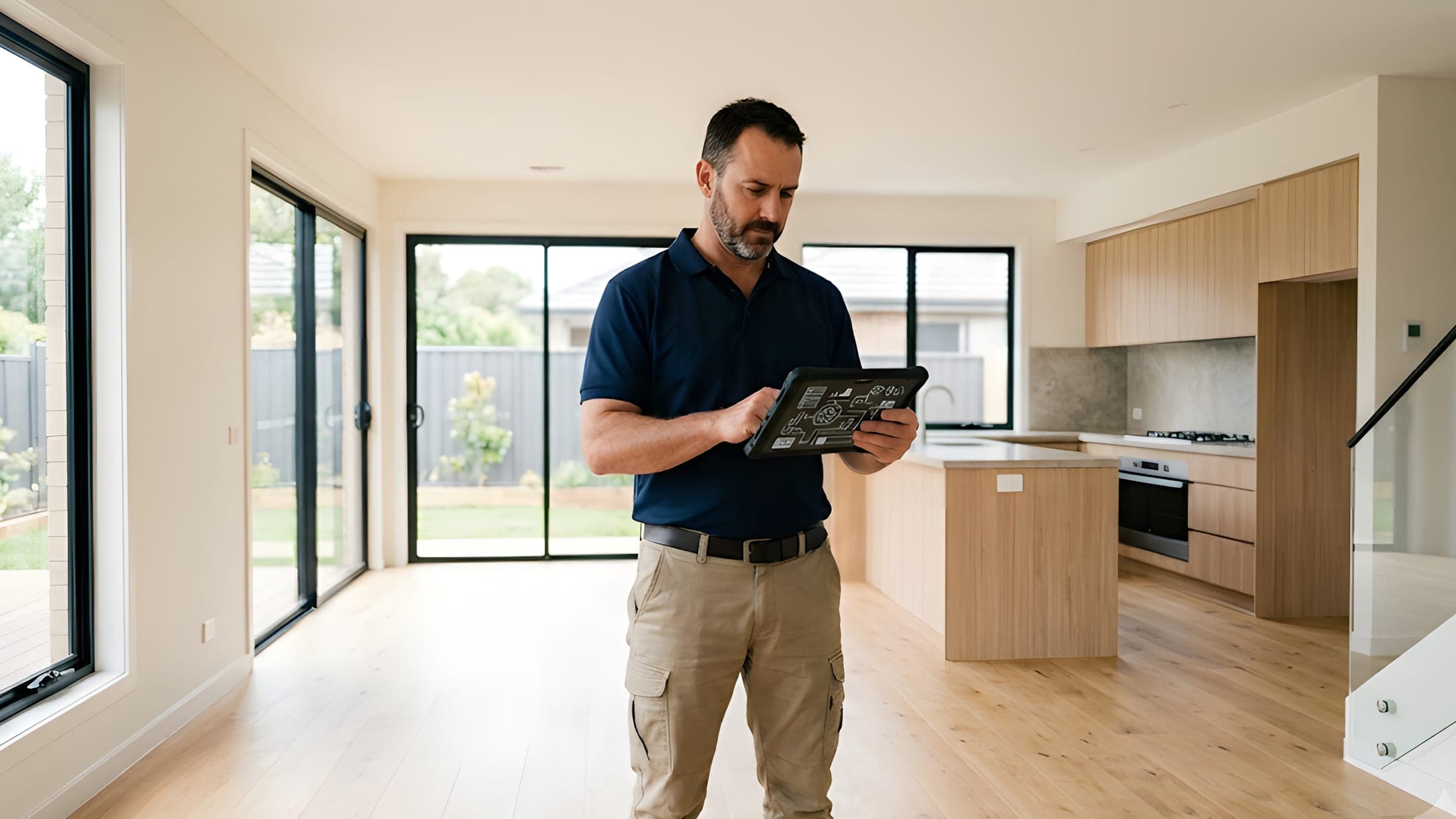 A site supervisor reviewing plans on a tablet inside a newly finished home